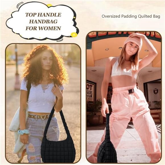 Womens Quilted Puffer Tote Bag Large Crossbody Shoulder Nylon Hobo Carryall Bag - Picture 5 of 7